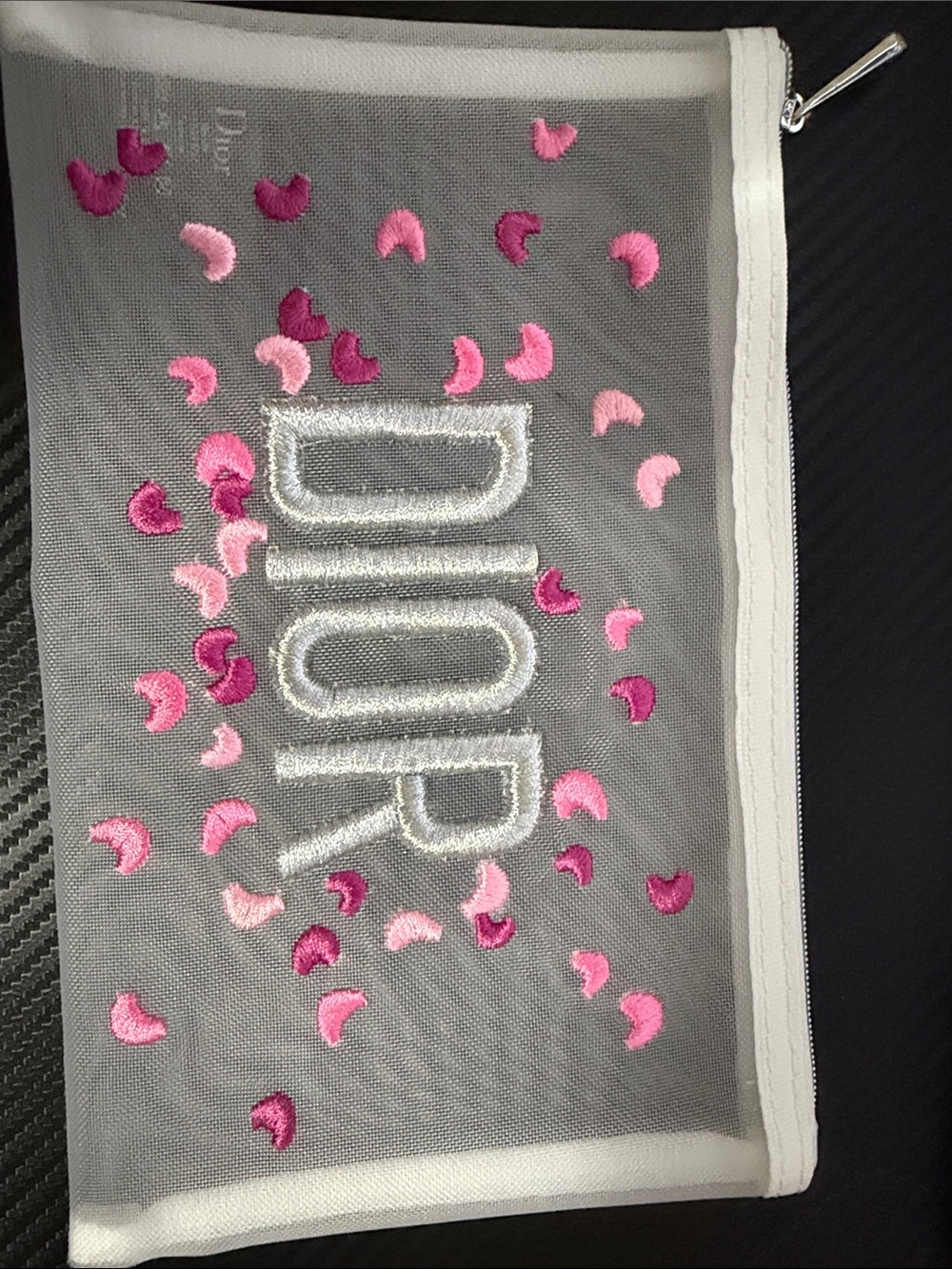Dior White Mesh Pouch with Pink Embroidered Confetti